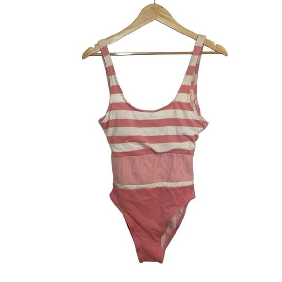 90s Pink Swimsuit, vintage Jantzen Striped Tank style Suit, cotton Lycra, 12 - Picture 1 of 10